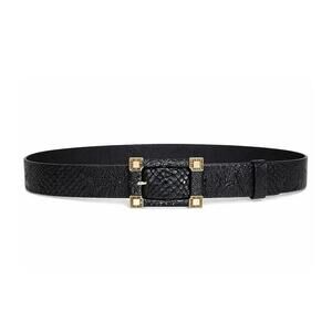 Black Snakeskin Pattern Leather Belt W/gold Rhinestone Bucle Statement S/M